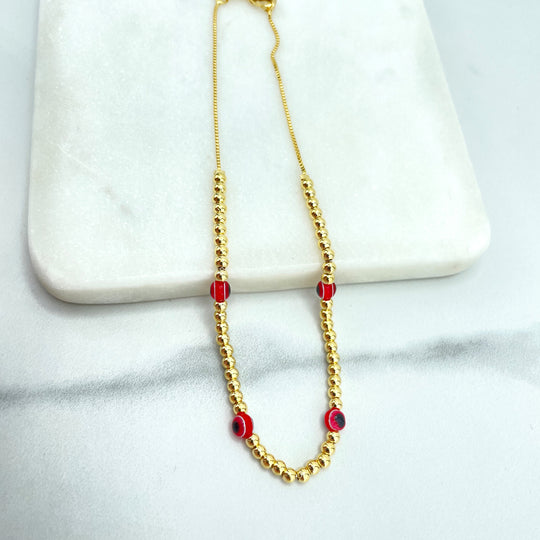 18k Gold Filled Anklet, Gold Beads and Red Evil Eye Linked & Beaded Anklet