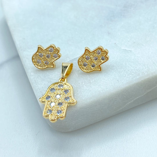 18K Gold Filled Textured Hamsa Hand Stud Earrings & Pendant Set, featuring Micro CZ