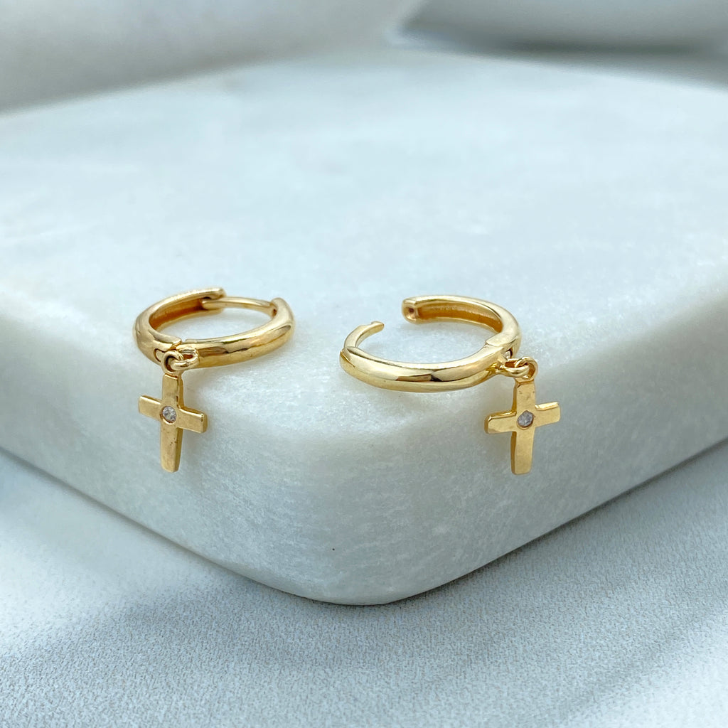 14k Solid Gold Huggie Earrings with Dangle Cross Charm featuring Cubic Zirconia, 14k Solid Yellow Gold CZ Cross Huggie Earrings