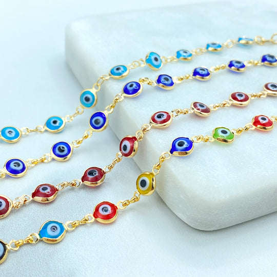 18k Gold Filled Multicolor Evil Eye Linked Bracelet, Light Blue, Dark Blue, Red or Colored Evil Eye Bracelet, Protection from the Evil Eye.