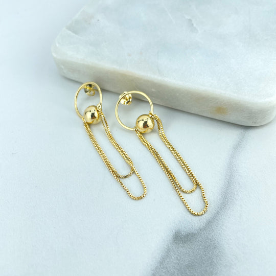 18k Gold Filled Style Cutout Circle and Ball Layered Double Dangle Drop Box Chain