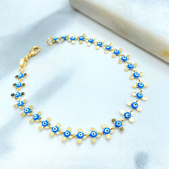 18k Gold Filled Linked Blue Evil Eye Bracelet, Protection against the Evil Eye Charm Bracelet