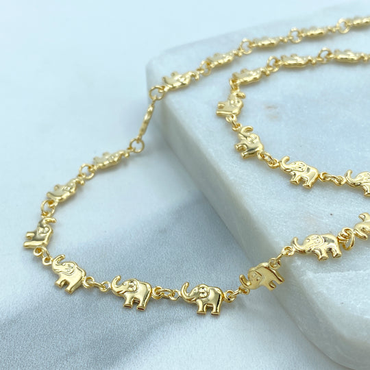 18k Gold Filled 3D Puffed Elephants Linked Chain or Bracelet, Hollow & Lightweight Link Chain, Sold as a Set or Separately
