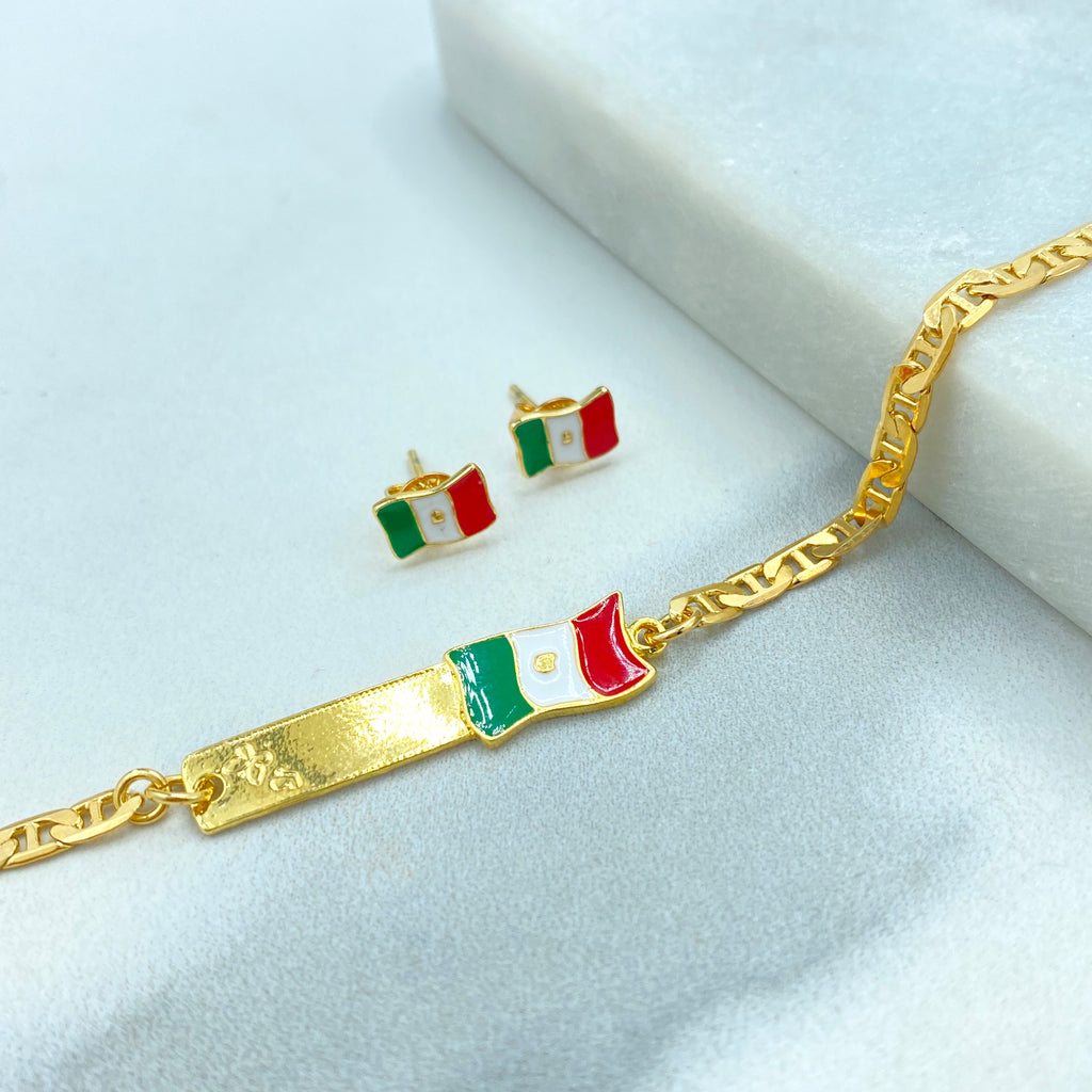 18K Gold Filled and Enamel Mexican Flag ID Mariner Link Bracelet or Stud Earrings Mexican Flag, Patriot Jewelry