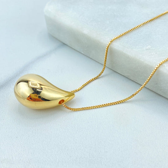 18k Gold Filled Gold Dome Necklace, Chunky Vintage Drop Shape Pendant Necklace, Teardrop Puffed Necklace