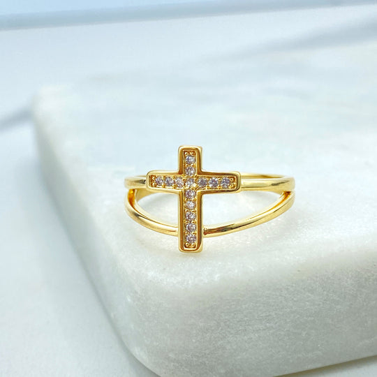 18k Gold Filled Micro CZ Cross Ring, with Simulated Double Layer, Micro Pave Cross Ring, Cross Religious Ring
