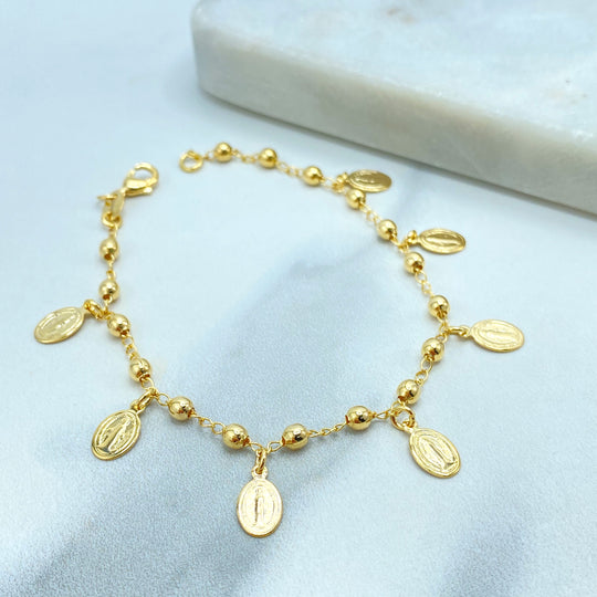 18k Gold Filled La Milagrosa Bracelet, Miraculous Virgin Charm Bracelet, Linked Gold Beads and La Milagrosa Dangle Medal Charms Bracelet