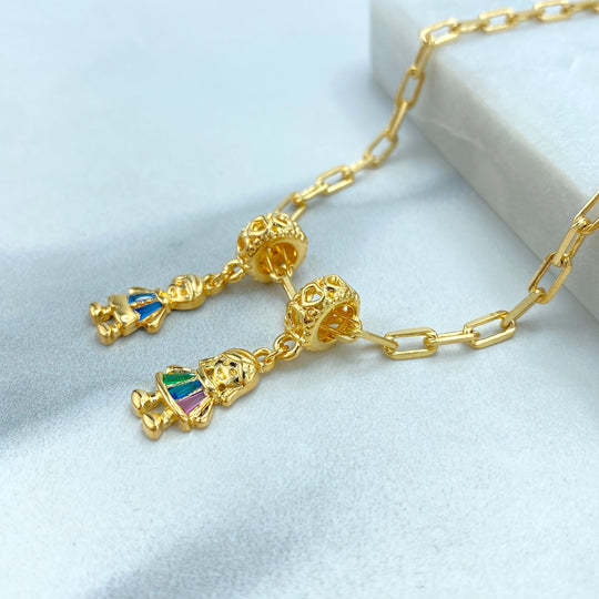 18k Gold Filled Multicolor Baguette Zirconia Girl Berloque Charm, Blue baguette Zirconia Boy Berloque Charm