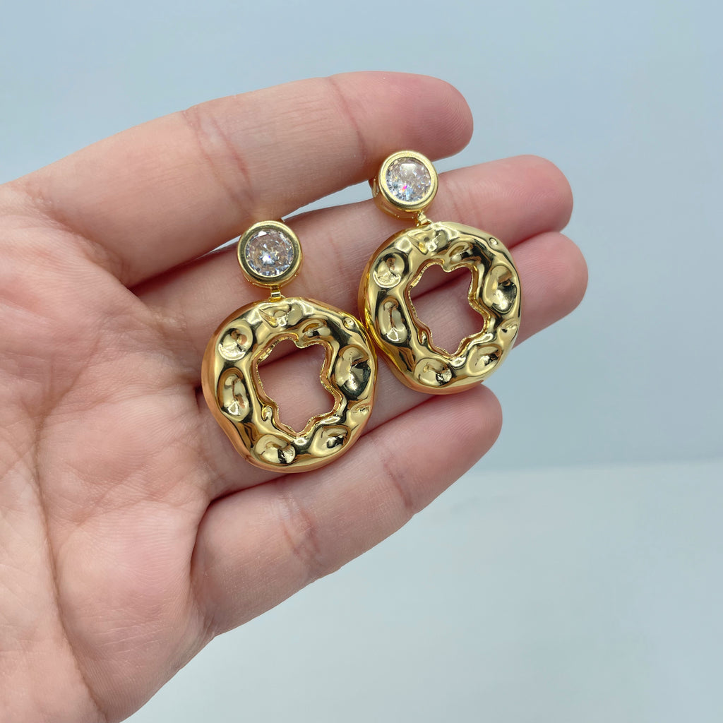 18k Gold Filled Liquid Texturized Circle Dangle & Drop Earrings with CZ Push Back, Hammered