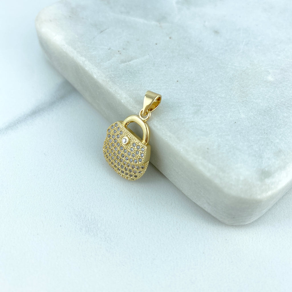 18k Gold Filled Micro Clear Pave Cubic Zirconia, Purse Shape Charm,Vintage Hand Bag Charm