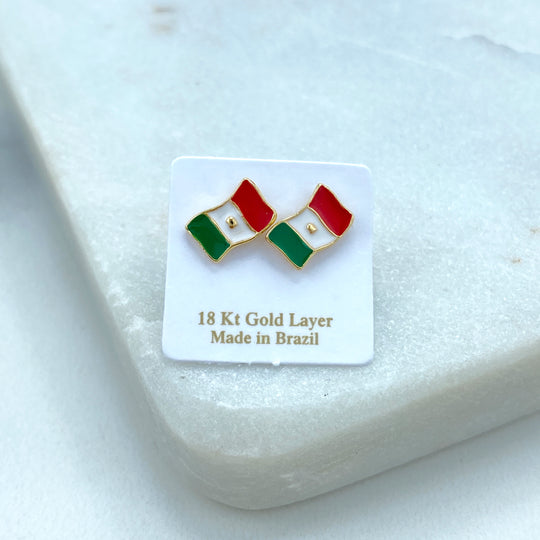 18K Gold Filled Mexican Flag Stud Earrings, Stud Earrings Mexican Flag Enamel Colorful, Patriot Earrings