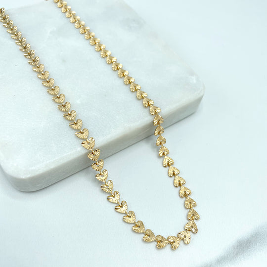 18k Gold Filled Texturized Hearts Linked Chain Choker Necklace with Extender