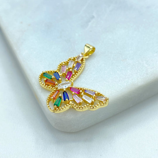18k Gold Filled Multicolor CZ Butterfly Charm, DIY Butterfly Pendant with Side Bail Wing