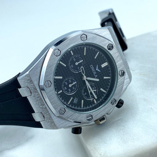 Watch ONOLA for Men, Silver Stainless Steel, Octagon Men’s Sport Wristwatch Watch, Multi Functional Chronograph, Blue Rubber, Analog Stylish (Copy)