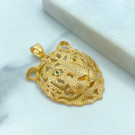 18K Gold Filled Cutout Animal Tiger Head Pendant, featuring Green CZ, Lion Head Pendant