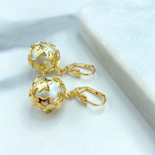 18k Gold Filled Simulated Pearl with Cutout Star Details, Dangle and Drop Earrings, Timeless Earrings