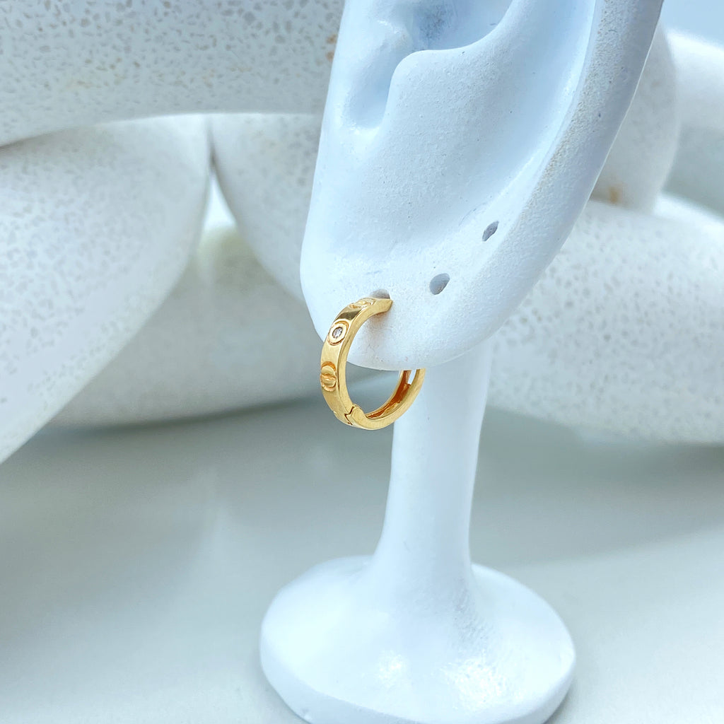 14k Solid Gold Huggie Earrings featuring CZ, 14k Solid Yellow Gold Classic CZ Huggie Earrings