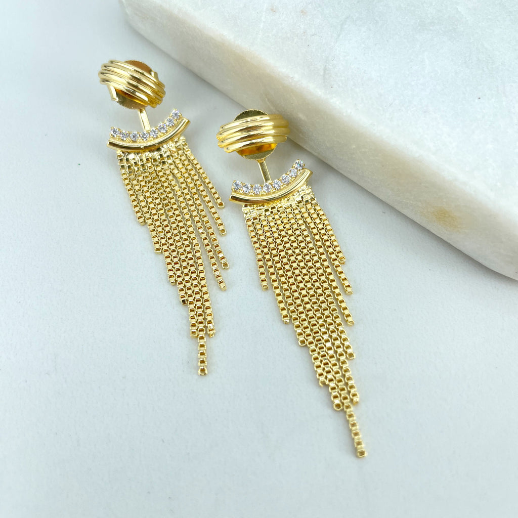 18k Gold Filled Tassel Earrings with Clear Cubic Zirconia & Chain Fringe