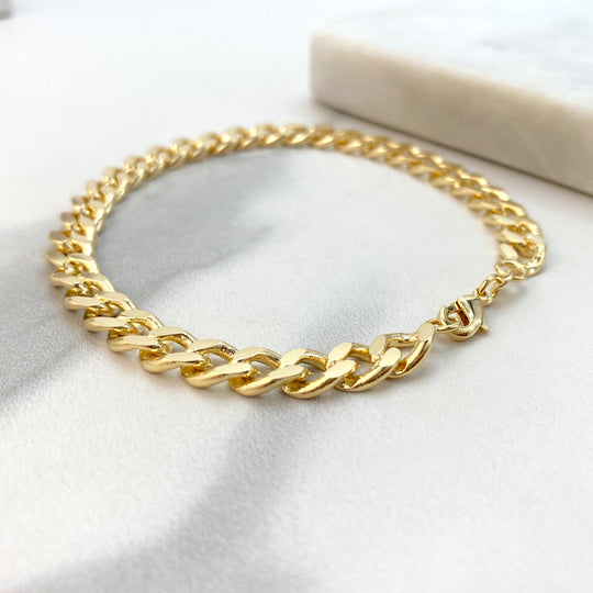 18k Gold Filled 7mm Flat & Polished Curb Link Chain Bracelet, Cuban Link Chain Bracelet, 7 Inches Long, Lobster Claw