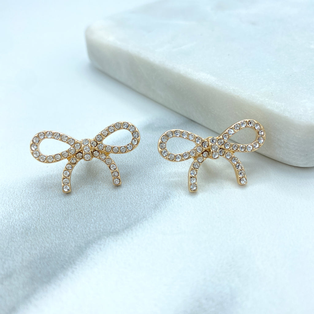 18k Gold Filled Ribbon Bow Stud Earrings or Necklace featuring Clear Cubic Zirconia Set