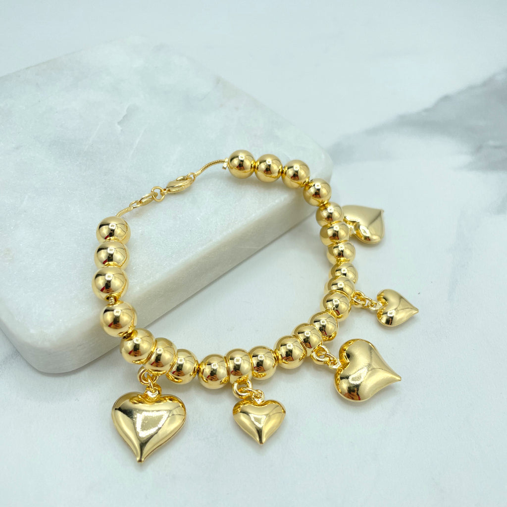 18k Gold Filled 8mm Gold Beads Balls and Dangle Hearts Charms Necklace or Bracelet