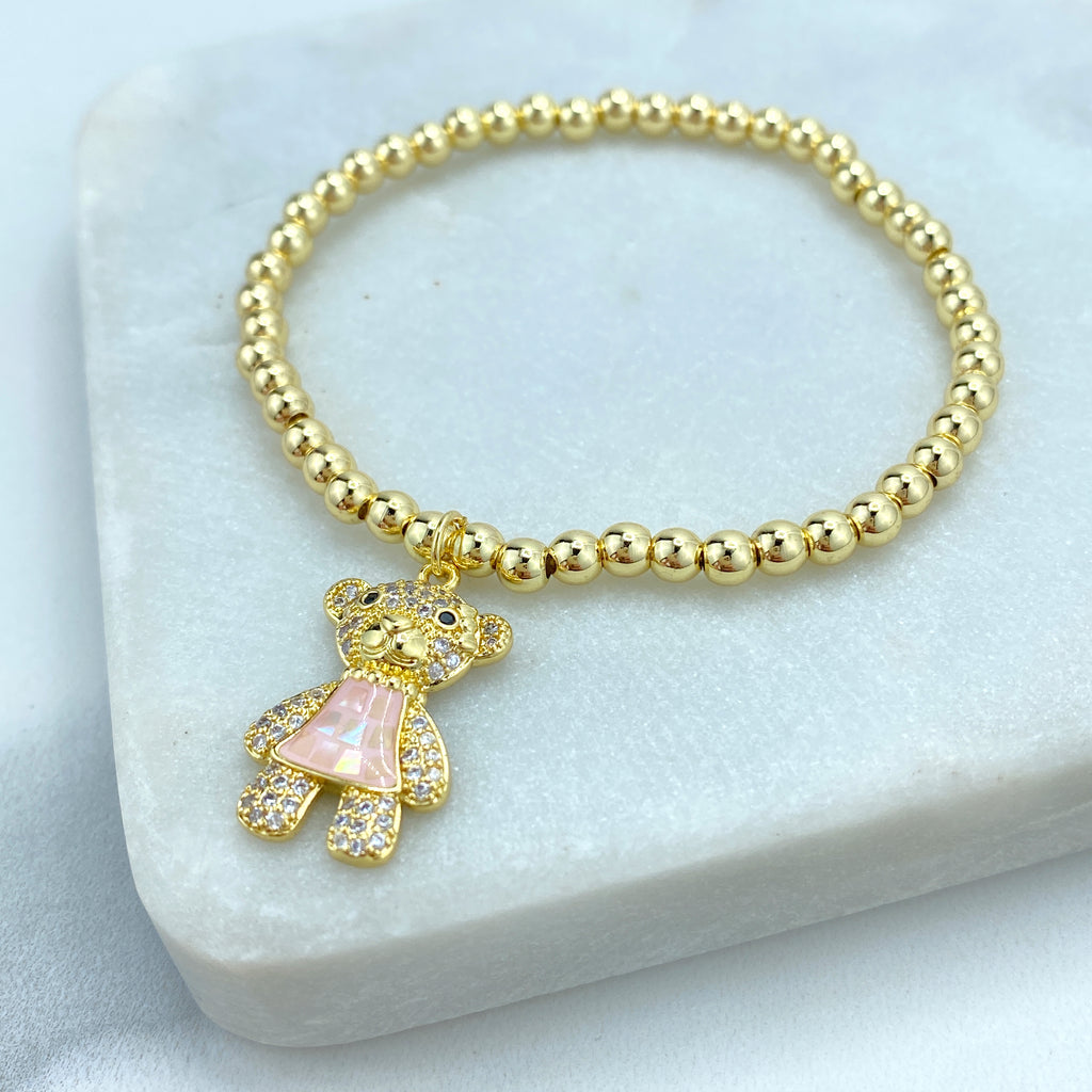 Stainless Steel Cute Teddy Bear Charm Featuring CZ Necklace or Beaded Bracelet