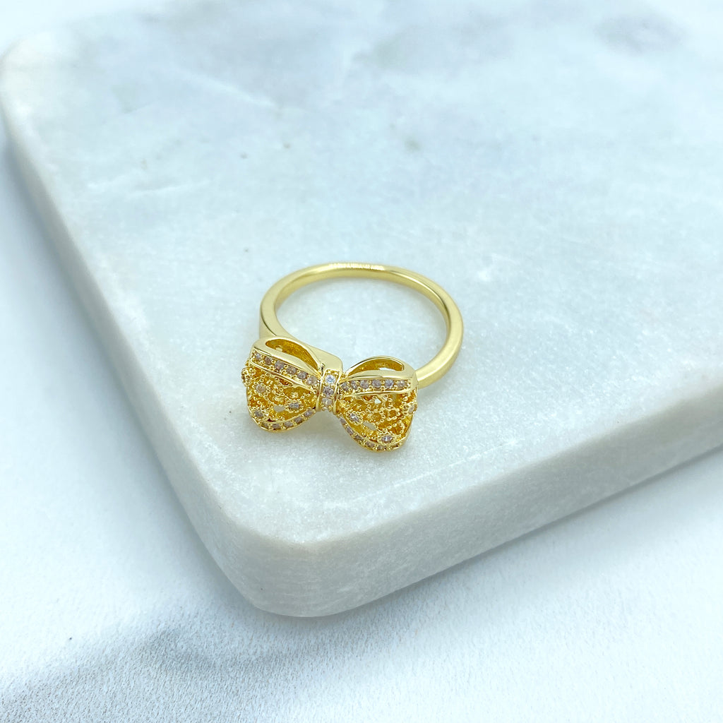 18k Gold Filled 3D Mesh Ribbon Bow Ring featuring Micro CZ | Adjustable Ring