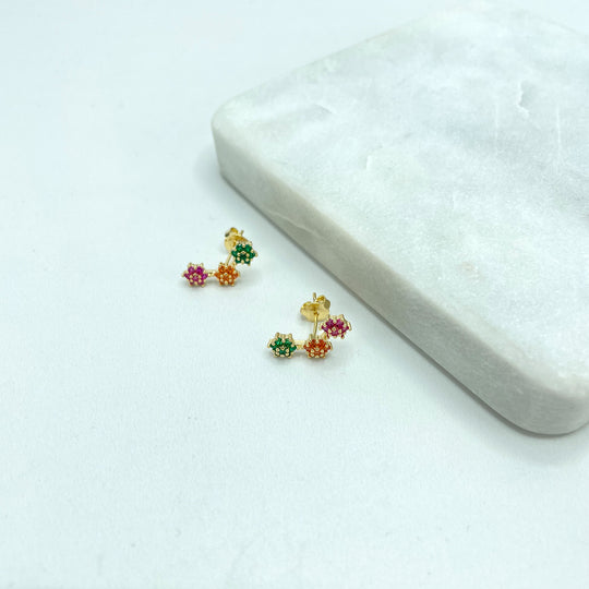 18k Gold Filled Purple, Orange and Green Cubic Zirconia Three Flower Shapes Stud Earrings