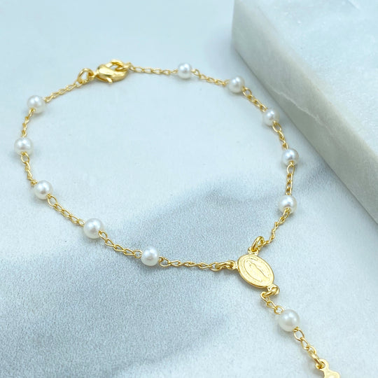 18k Gold Filled Pearls Rosary Bracelet with La Milagrosa Charm, Simulated Pearls Rosary Bracelet with Miraculous Virgin