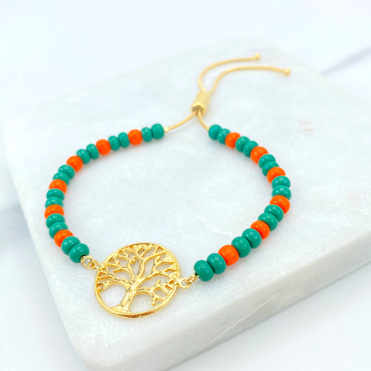 18k Gold Filled Green and Orange Beads Linked Bracelet Tree of Life Charm, Multicolor Beads Adjustable Bracelet