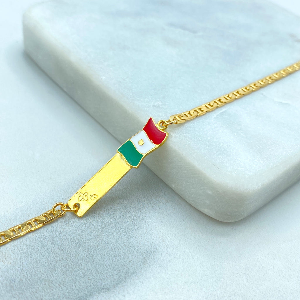 18K Gold Filled and Enamel Mexican Flag ID Mariner Link Bracelet or Stud Earrings Mexican Flag, Patriot Jewelry