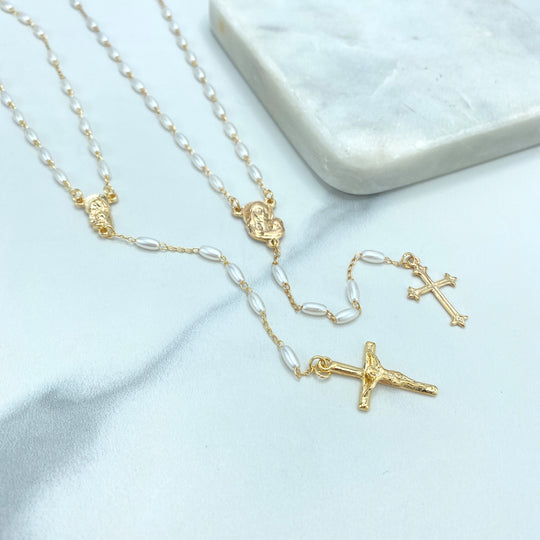 18k Gold Filled Virgin Mary Face Hugging Child Jesus Christ Rosaries with Simulated Rice Pearls