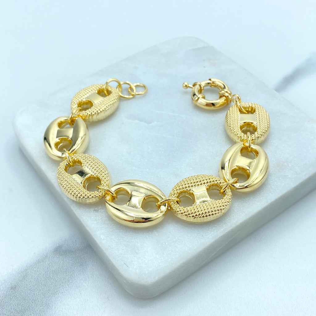 18k Gold Filled 18mm Plain and Textured Puffed Mariner Link Light and Hollow Bracelet 7.5"