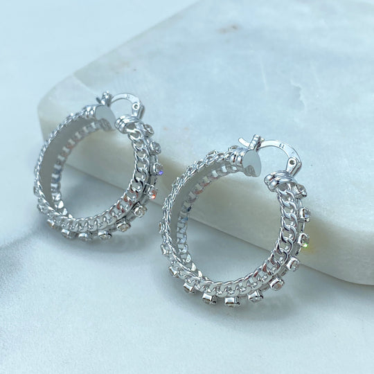 Silver Filled Hoop Earrings featuring CZ and Curb Link Chain Design, 35mm Hoop Earrings