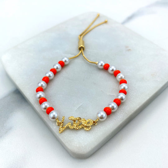18k Gold Filled Orange and Simulated Pearl Beads Bracelet, with Love Charm, Colored Beaded Adjustable Bracelet with Love Charm.
