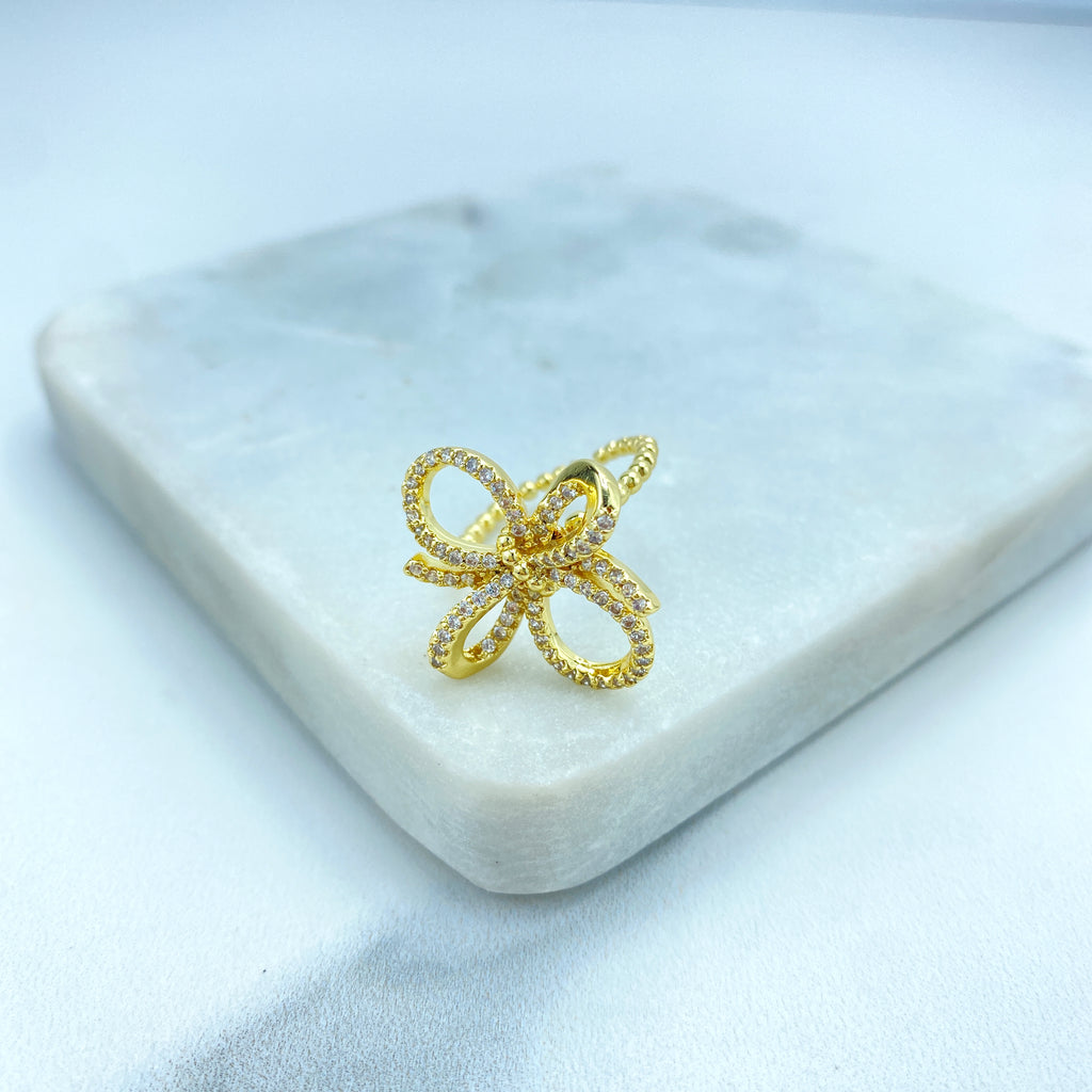 18k Gold Filled 3D Ribbon Bow Ring featuring Micro CZ | Adjustable Ring