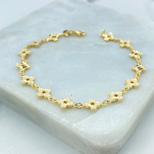 18k Gold Filled Linked Chevron Leaf BRACELET or ANKLET, Textured Clover Shape Link, Textured Flower Linked Chain