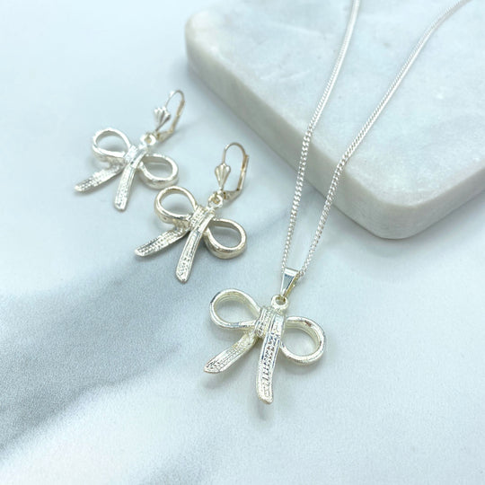 Silver Filled Ribbon Bow Charm or Drop & Dangle Earrings or Silver 925 Curb Link Chain