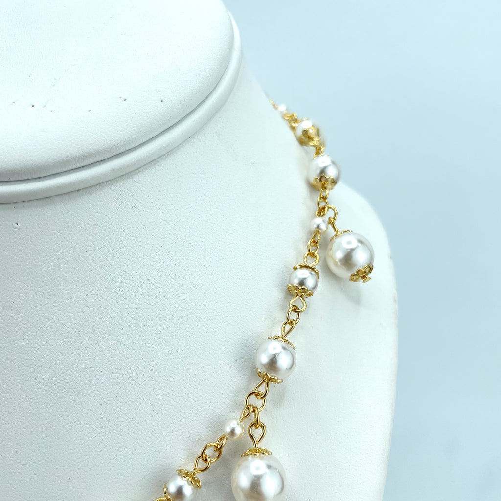 18k Gold Filled Pearls Linked Necklace and Dangle Pearls & Dangle Pearls Earrings Classic Set