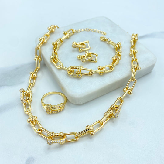 18k Gold Filled 2mm Polished U Shape Link Chain Set, featuring Micro CZ, with Necklace, Bracelet, Earrings and Ring