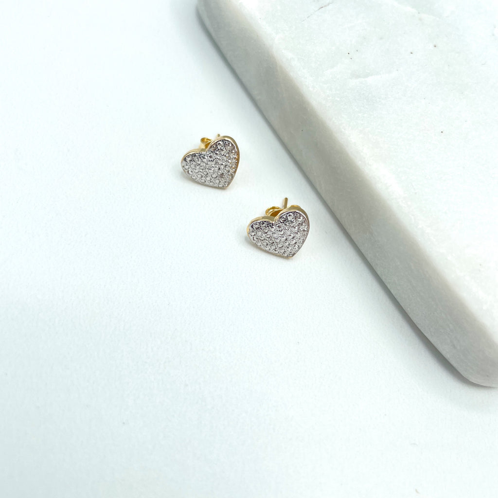 18k Gold Filled Two Tone Clear Micro CZ Heart Shape Stud Earrings, Romantic
