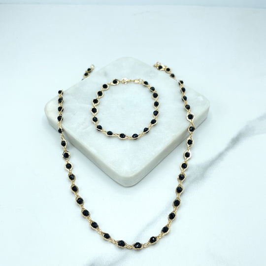 18k Gold Filled Black Bead Crystal Linked 18" Chain or 7" Bracelet Set, Black Beaded Chain