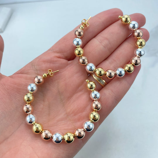 18k Gold Filled Tri-Tone Balls 55mm C- Hoop, Tricolor Gold Hoops, Classic Jewelry