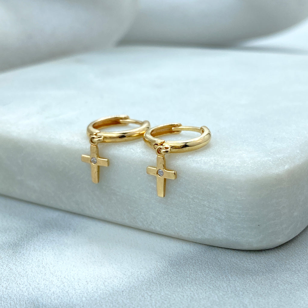 14k Solid Gold Huggie Earrings with Dangle Cross Charm featuring Cubic Zirconia, 14k Solid Yellow Gold CZ Cross Huggie Earrings