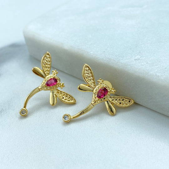 18k Gold Filled Dragon-Fly Stud Earrings, with White and Pink Cubic Zirconia, Cute Dragon-Fly Earrings