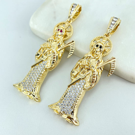 18k Gold Filled Pink or Black Cubic Zirconia Santa Muerte Religious Pendant