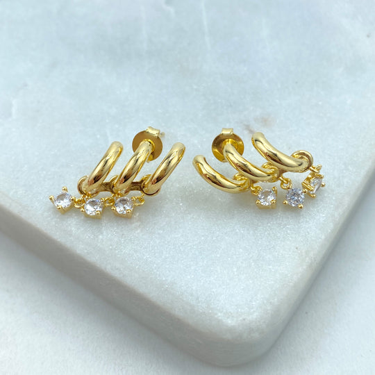 18k Gold Filled Simulated Triple Hoop Earrings, with Dangle CZ "Triple" Open Hoop Earrings, for One Hole