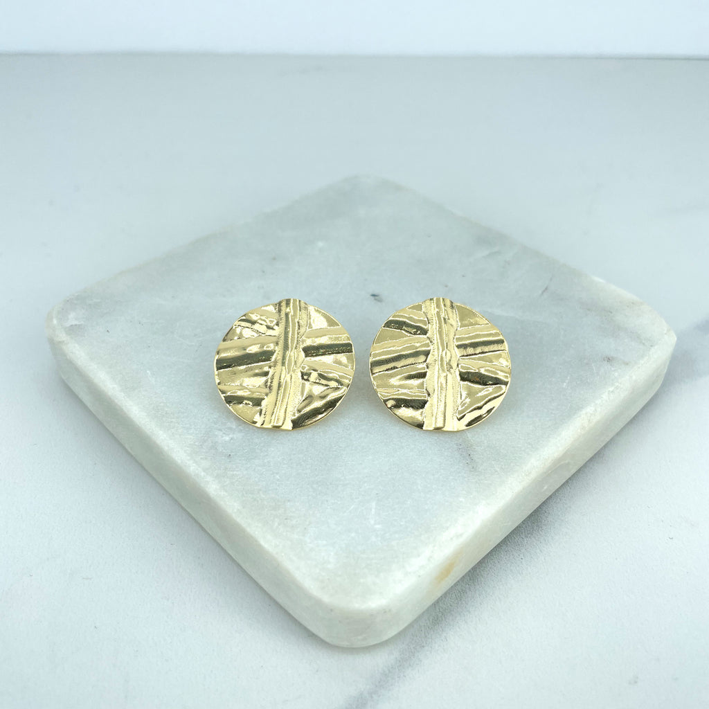 18k Gold Filled Round Hammered Coin Disc Modern Stud Earrings, Texturized Geometric Earrings