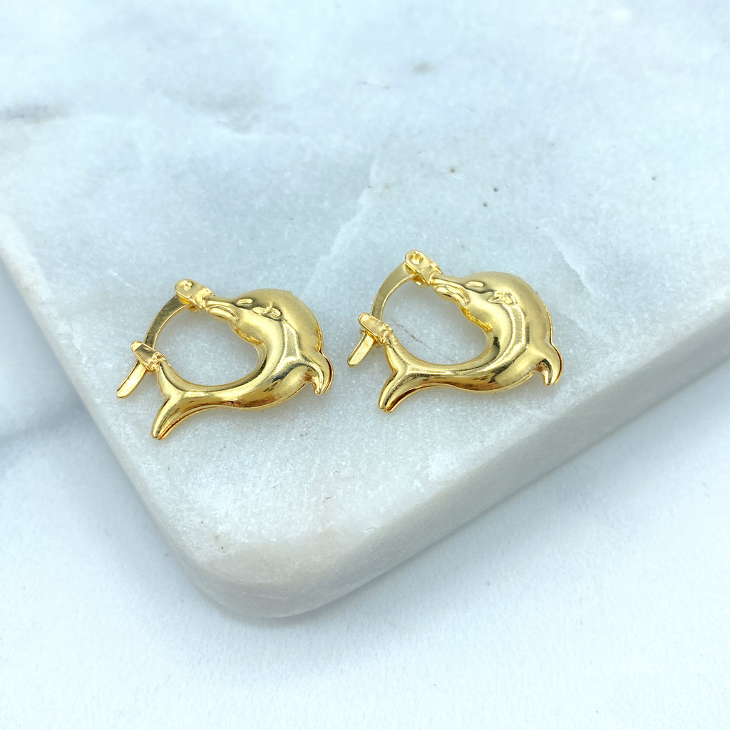 18k Gold Filled Puffed Dolphin Earrings, Dolphin Hoop Earrings