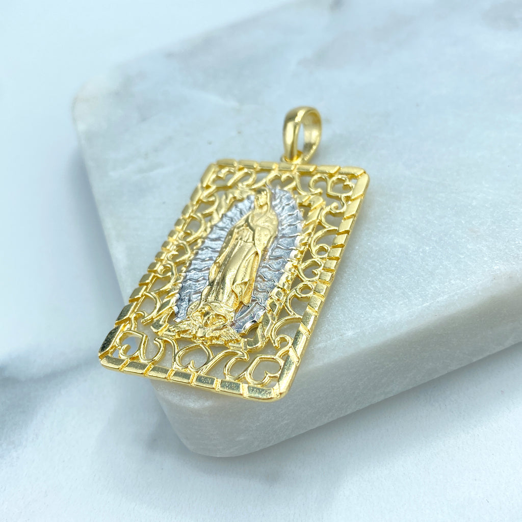 18k Gold Filled Two Tone Virgen De Guadalupe, Our Lady of Guadalupe Square Medal Pendant Charms